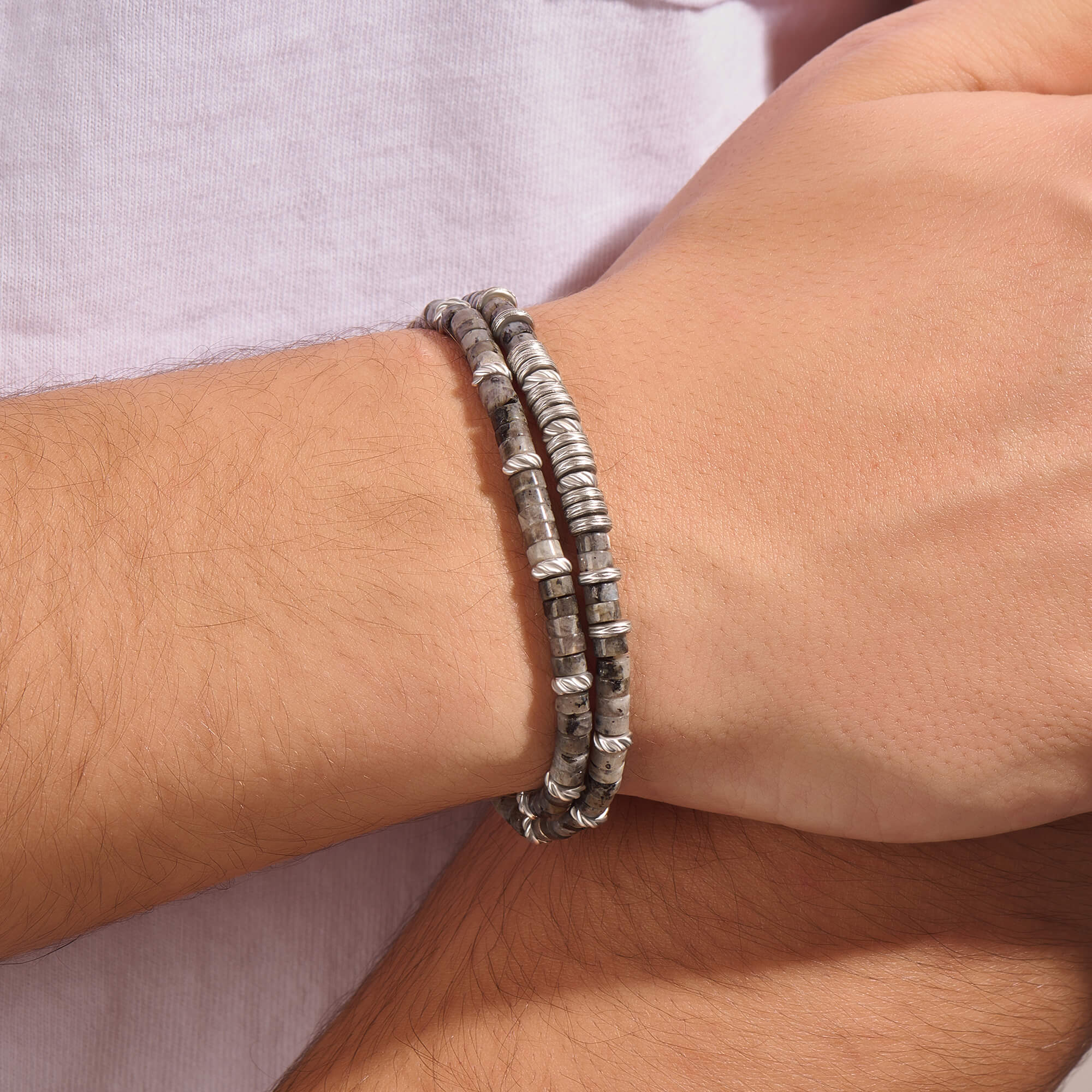 Men's Double Jasper Heishi Beaded Bracelet in Solid Silver - Grey Jasper