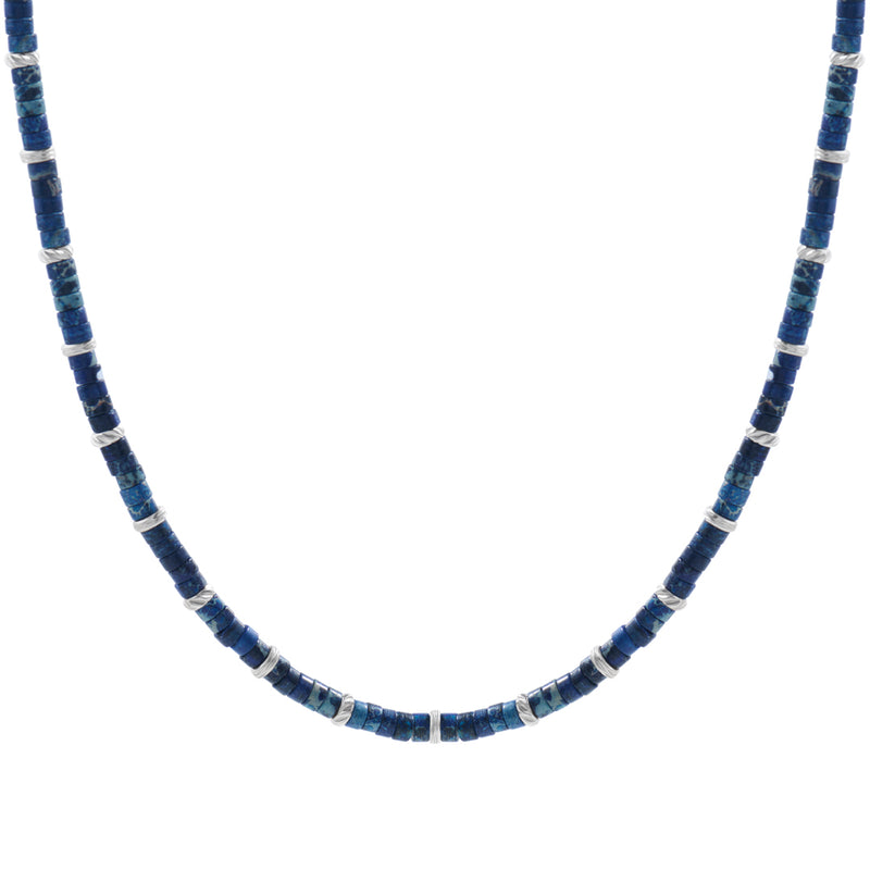 Men's Natural Blue Jasper Heishi Beads Necklace with Silver Stoppers