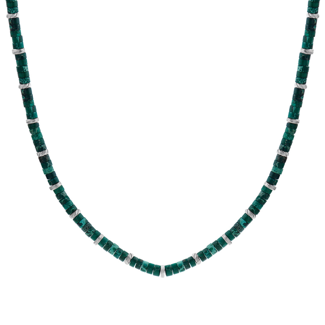 Men's Natural Green Jasper Heishi Beads Necklace with Silver Stoppers