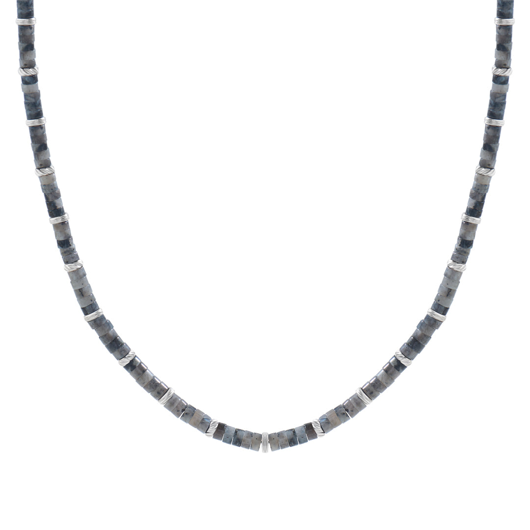 Men's Natural Grey Jasper Heishi Beads Necklace with Silver Stoppers