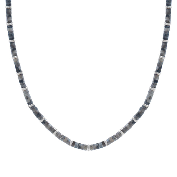 Men's Natural Grey Jasper Heishi Beads Necklace with Silver Stoppers