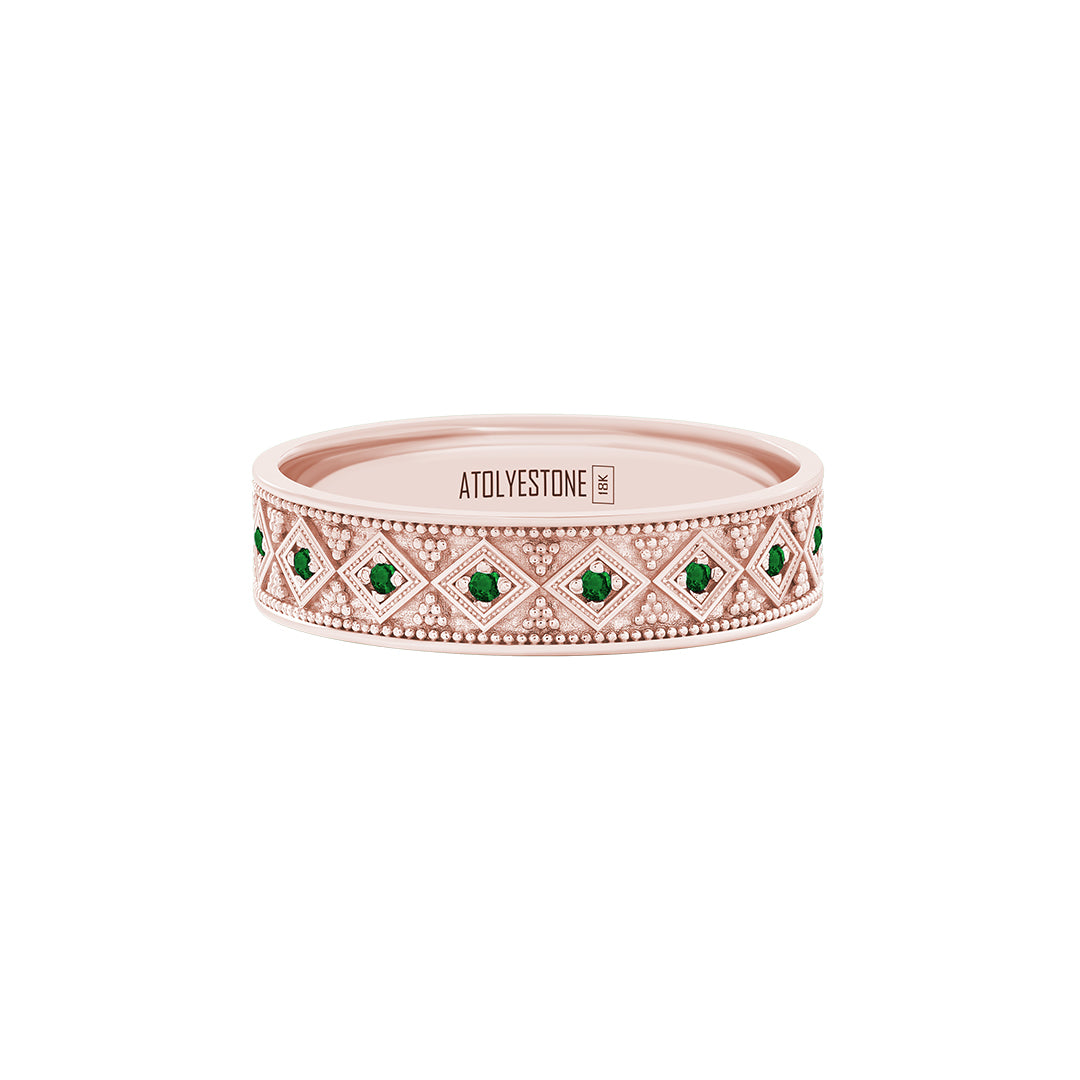 Lattice Band Ring in Solid Rose Gold - Pave Emerald