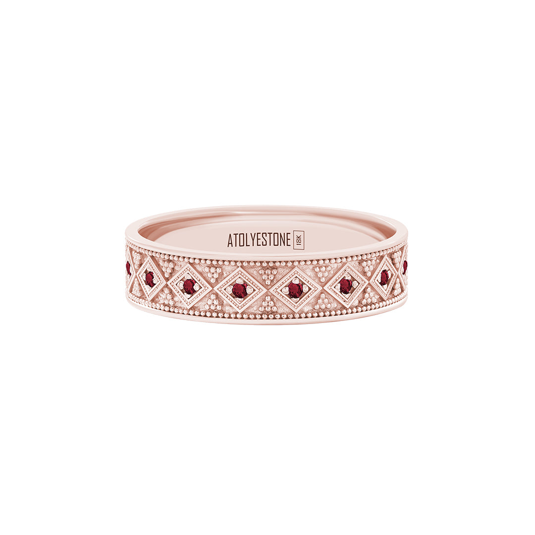 Lattice Band Ring in Solid Rose Gold - Pave Ruby