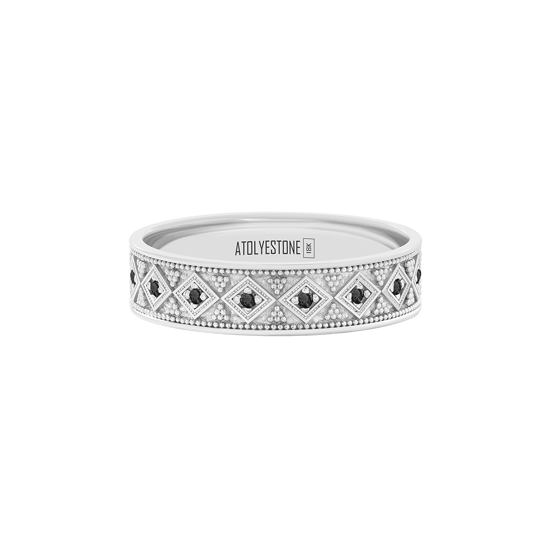 Lattice Band Ring in Solid White Gold - Pave Black Diamond