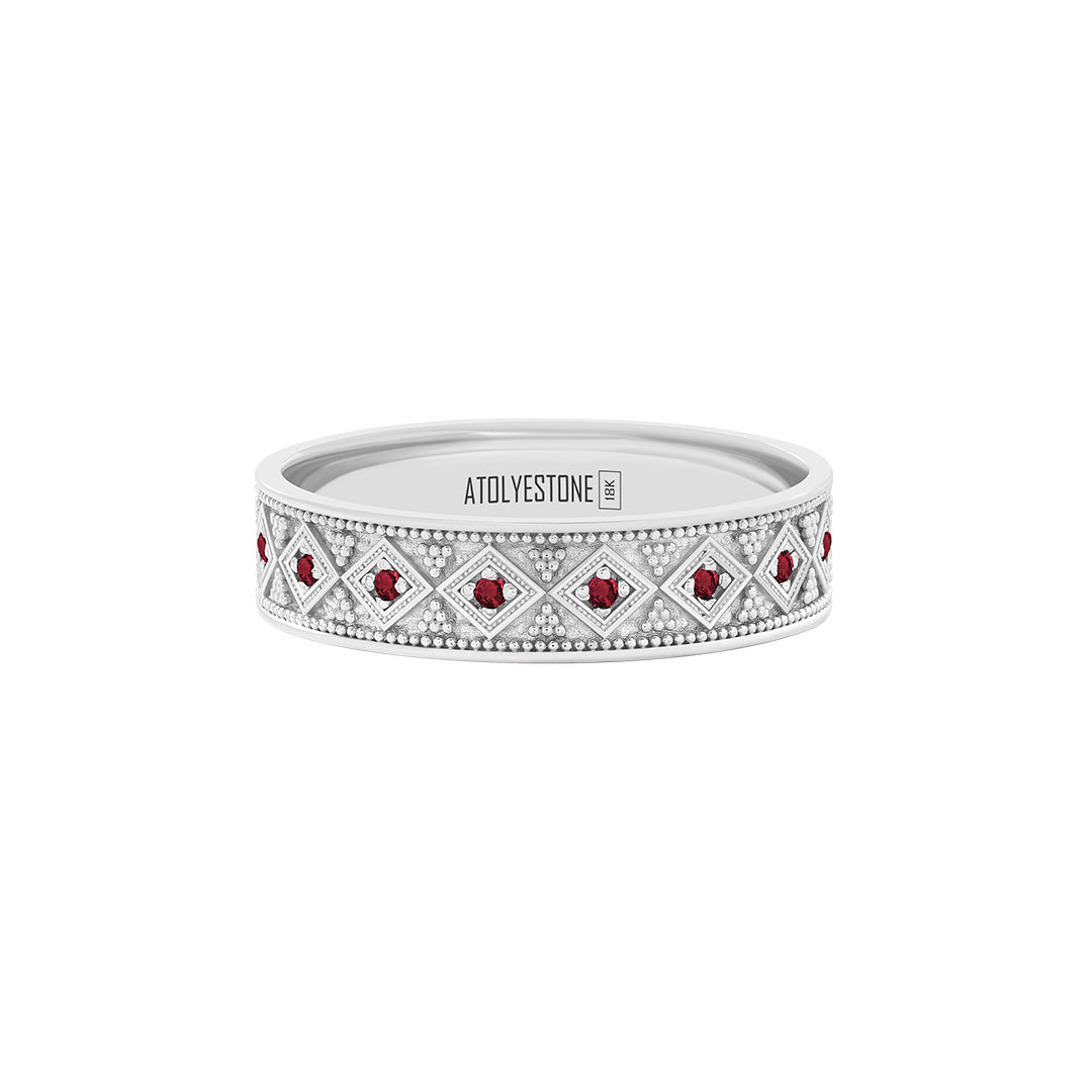 Lattice Band Ring in Solid White Gold - Pave Ruby