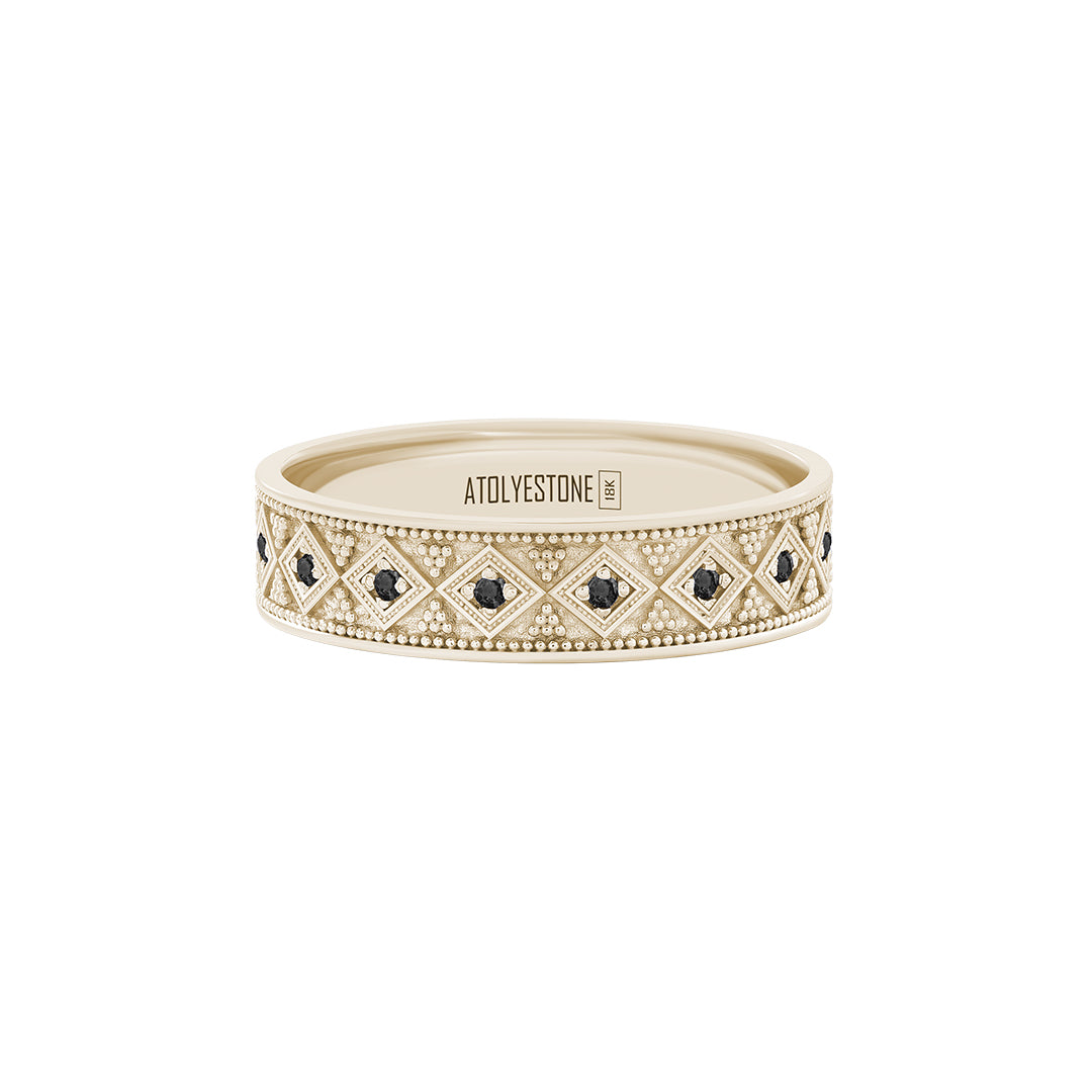 Lattice Band Ring in Solid Yellow Gold - Pave Black Diamond