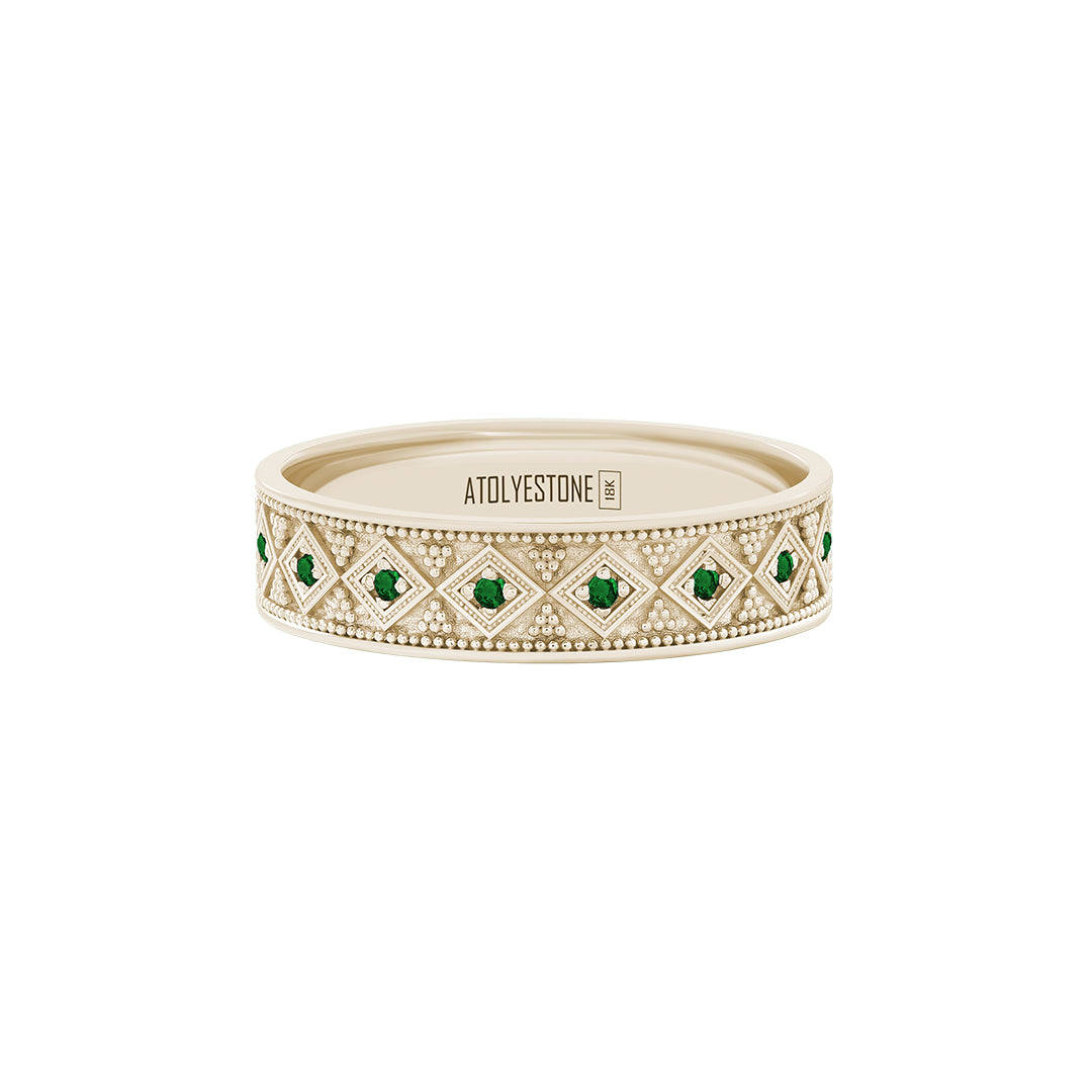 Lattice Band Ring in Solid Yellow Gold - Pave Emerald