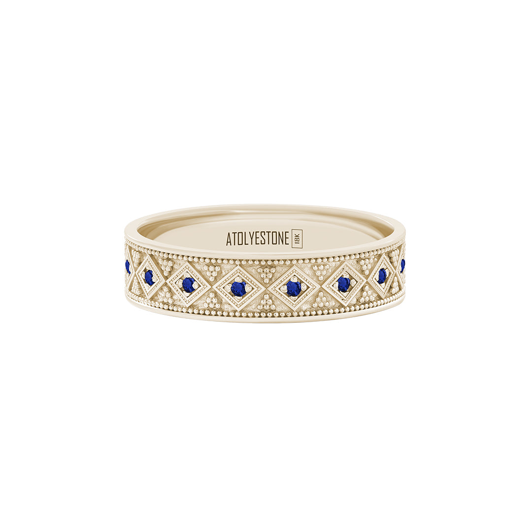 Lattice Band Ring in Solid Yellow Gold - Pave Sapphire