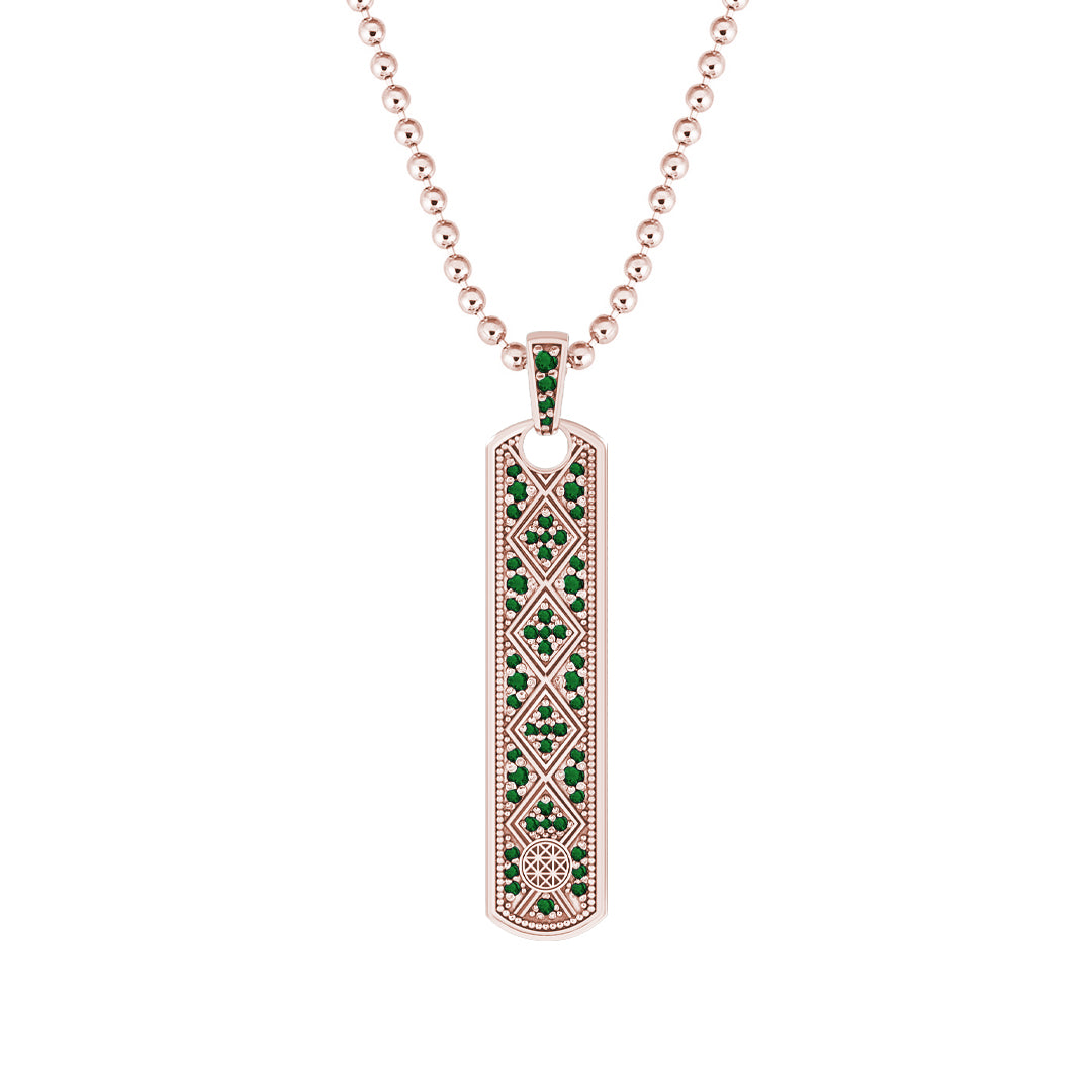 Lattice Samurai Tag Pendant in Solid Rose Gold - Pave Emerald