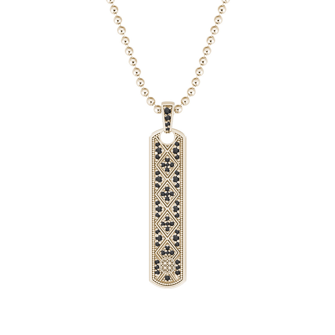 Lattice Samurai Tag Pendant in Solid Yellow Gold - Pave Black Diamond