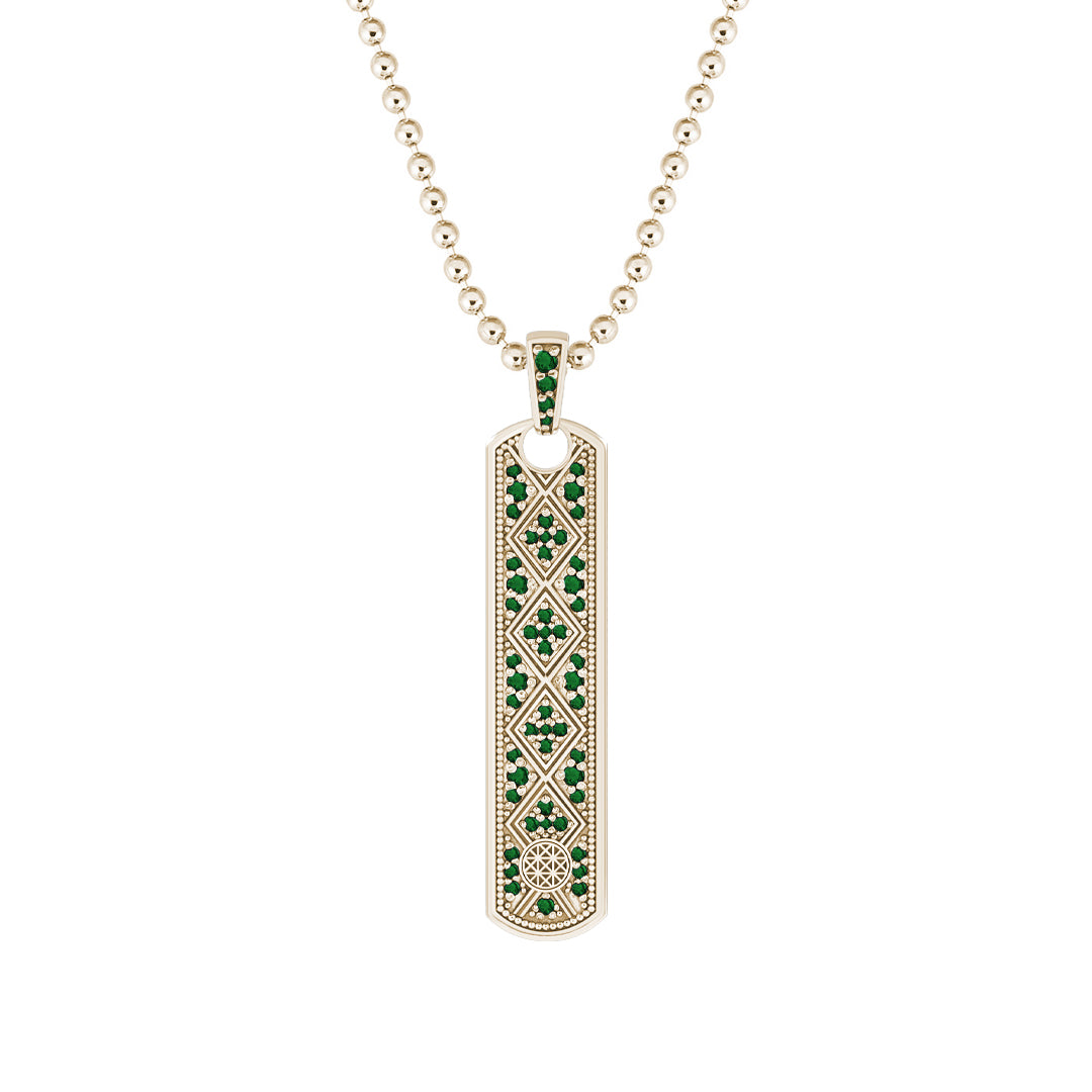 Lattice Samurai Tag Pendant in Solid Yellow Gold - Pave Emerald