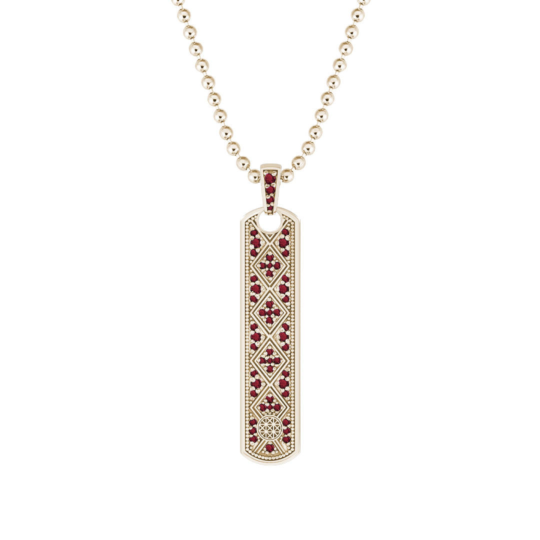 Lattice Samurai Tag Pendant in Solid Yellow Gold - Pave Ruby