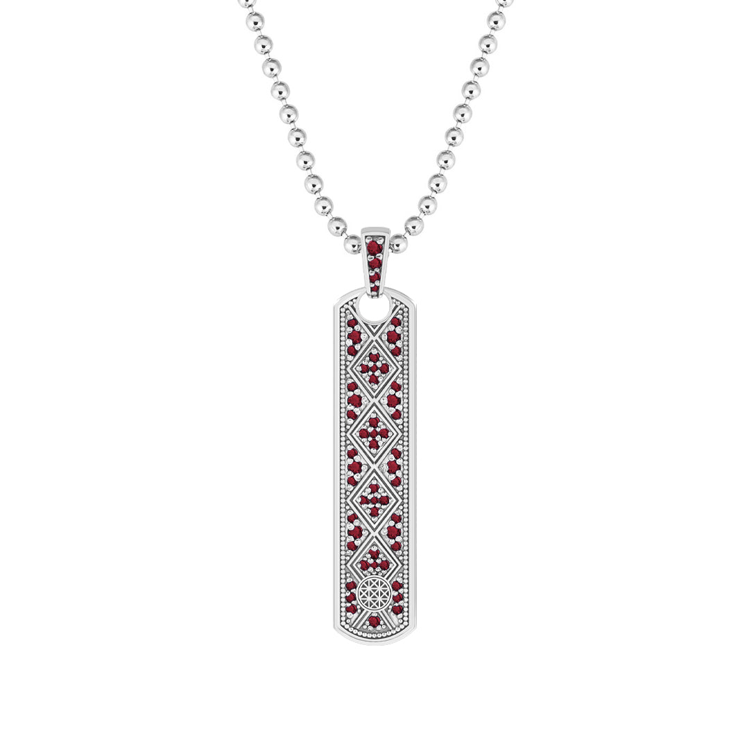 Lattice Samurai Tag Pendant in 925 Solid Silver - Pave Ruby
