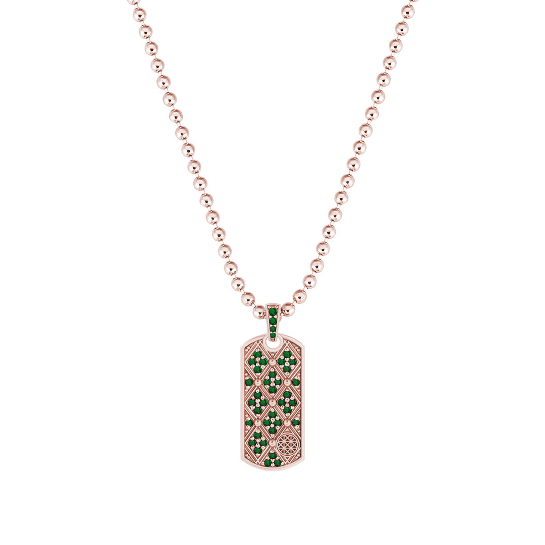 Lattice Tag Pendant in Solid Rose Gold - Pave Emerald
