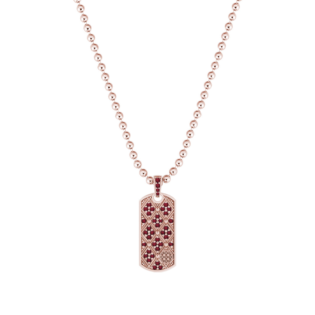 Lattice Tag Pendant in Solid Rose Gold - Pave Ruby