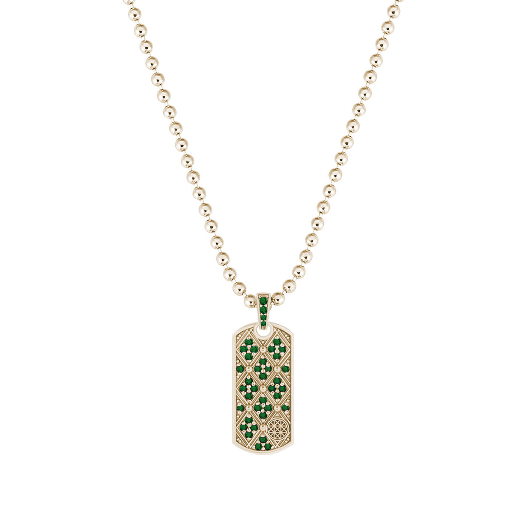 Lattice Tag Pendant in Solid Yellow Gold - Pave Emerald