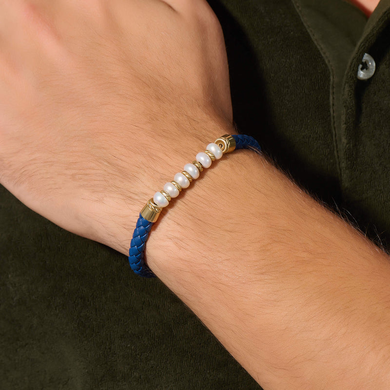 Men's Leather Pearl Beaded Bracelet in 925 Solid Silver and Blue Nappa Leather