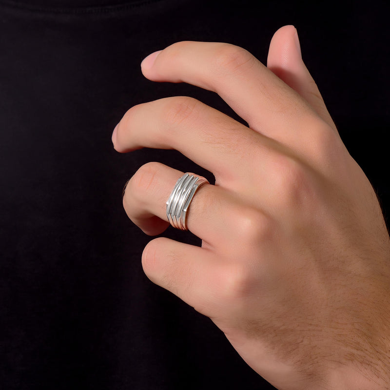 Lined Signet Ring in Solid White Gold