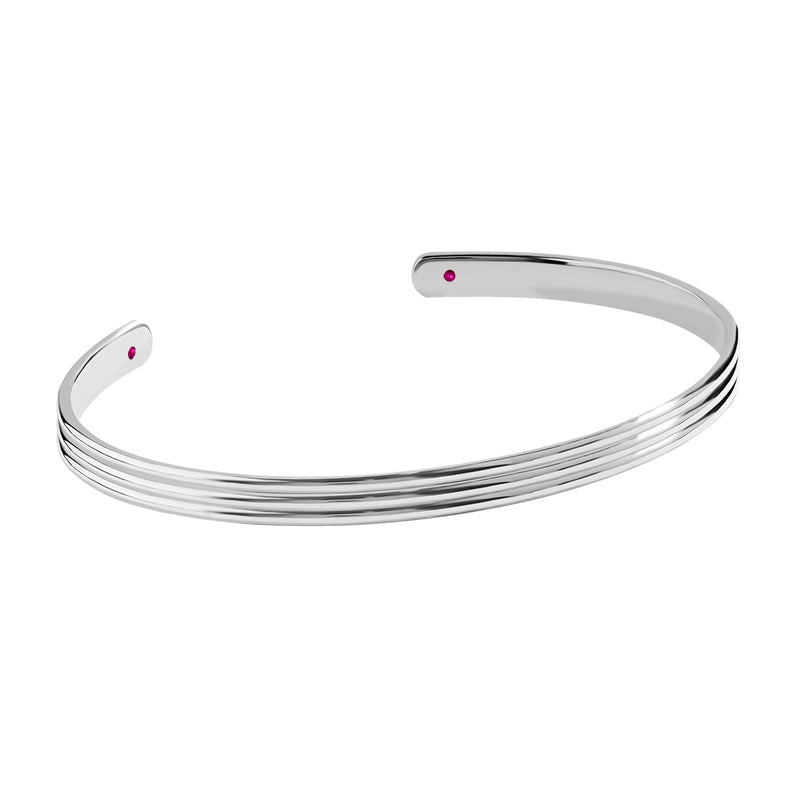 Solid Gold Lined Open Bangle Bracelet with Ruby Details - White Gold