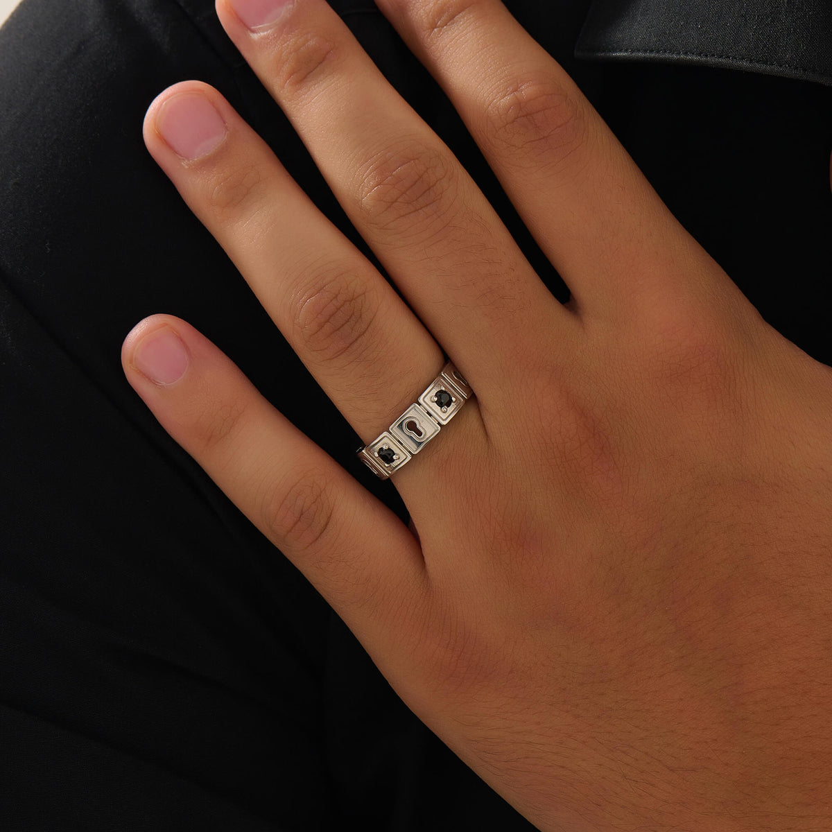 Atolyestone Lock Band Ring in Sterling Silver for Men