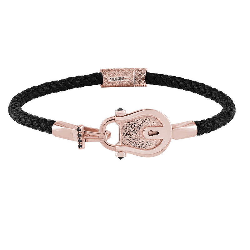 Lock Leather Bracelet in Solid Gold - Black Leather Rose Gold