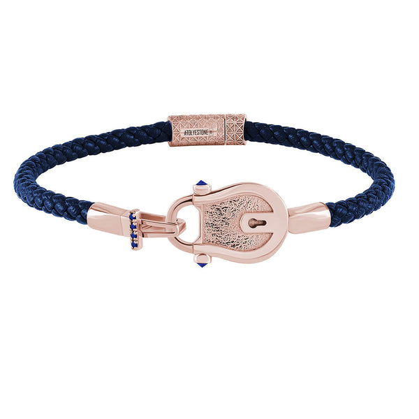 Lock Leather Bracelet in Solid Gold - Blue Leather Rose Gold