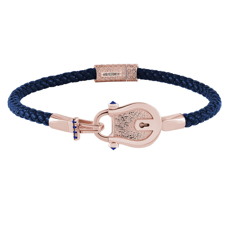 Lock Leather Bracelet in Solid Gold - Blue Leather Rose Gold