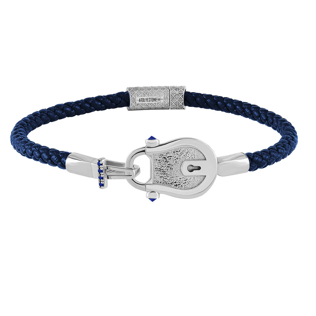 Lock Leather Bracelet in Solid Gold - Blue Leather White Gold