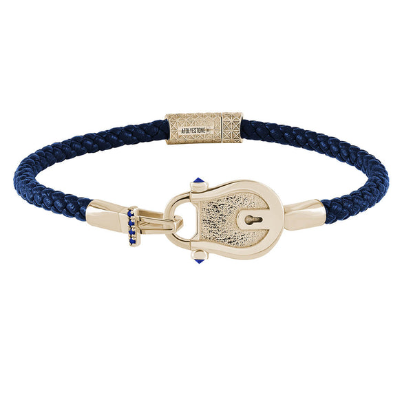 Lock Leather Bracelet in Solid Gold - Blue Leather Yellow Gold
