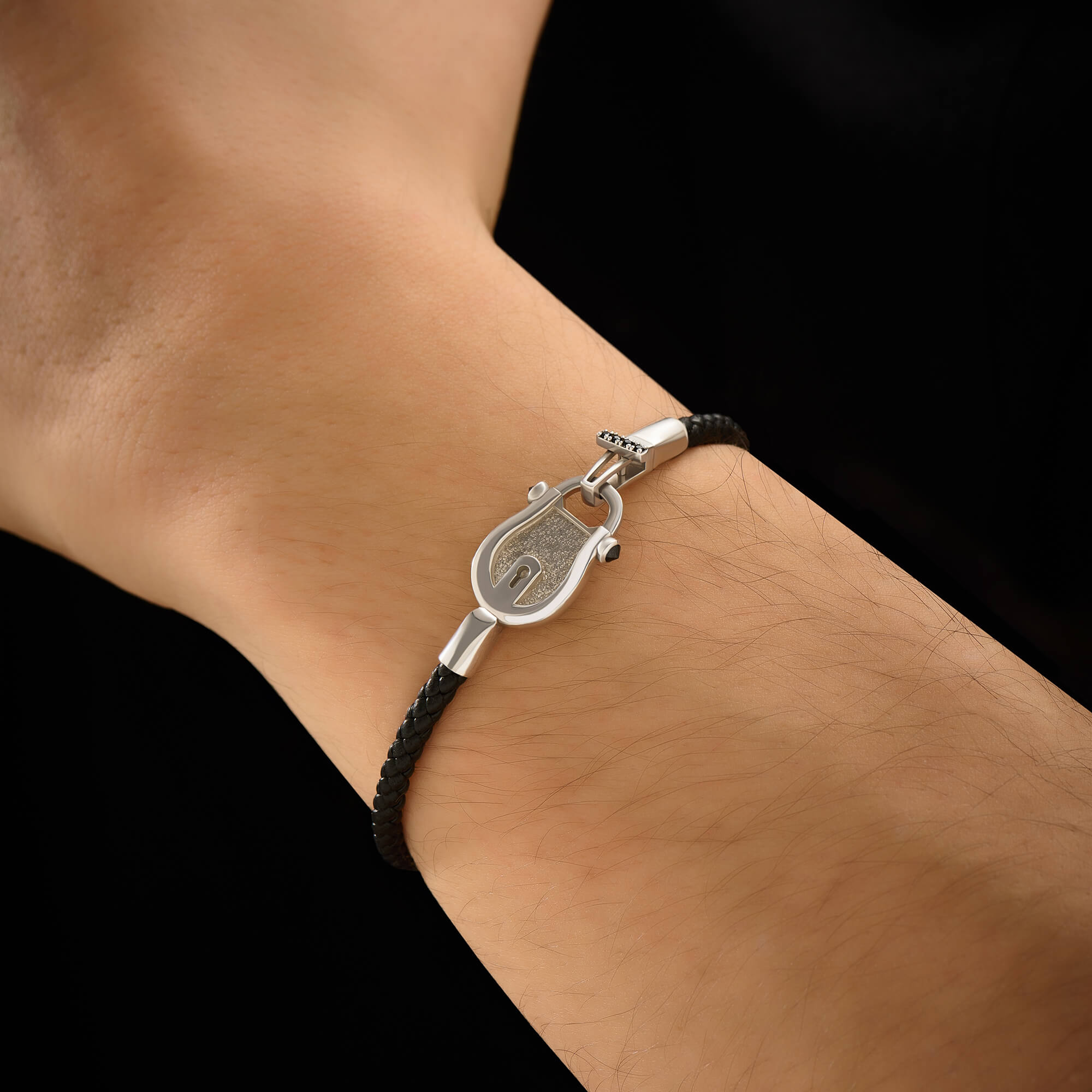 Men's 925 Solid Silver Lock Leather Bracelet
