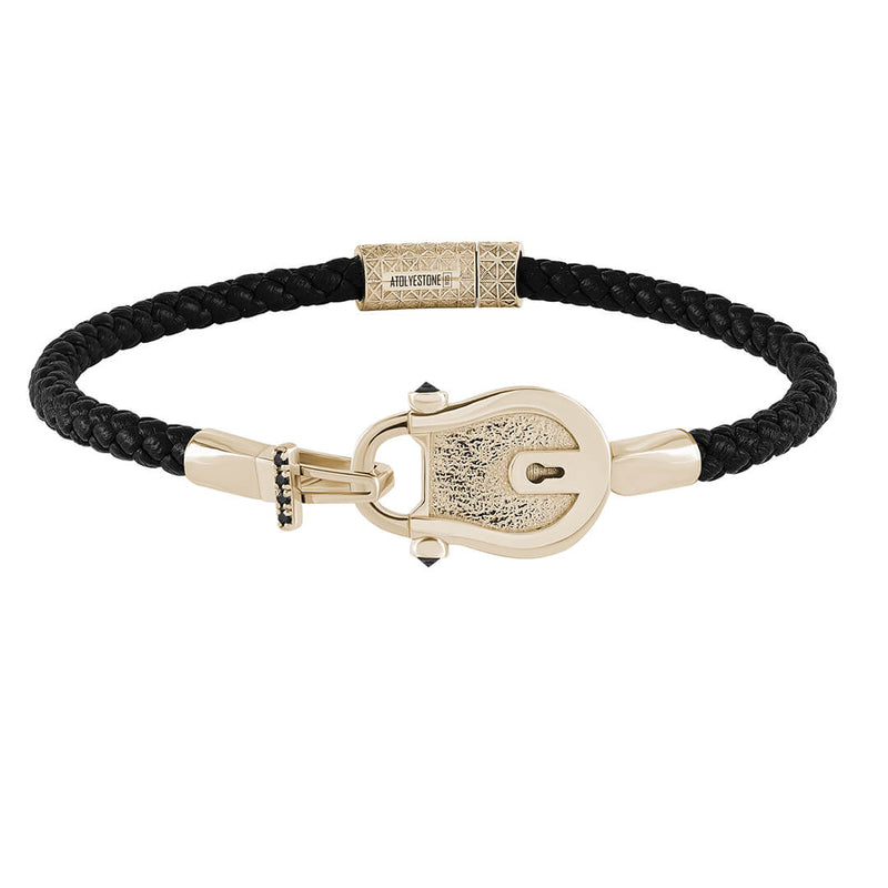 Lock Leather Bracelet in 925 Silver Paved with Black Diamond - Black Leather Yellow Gold