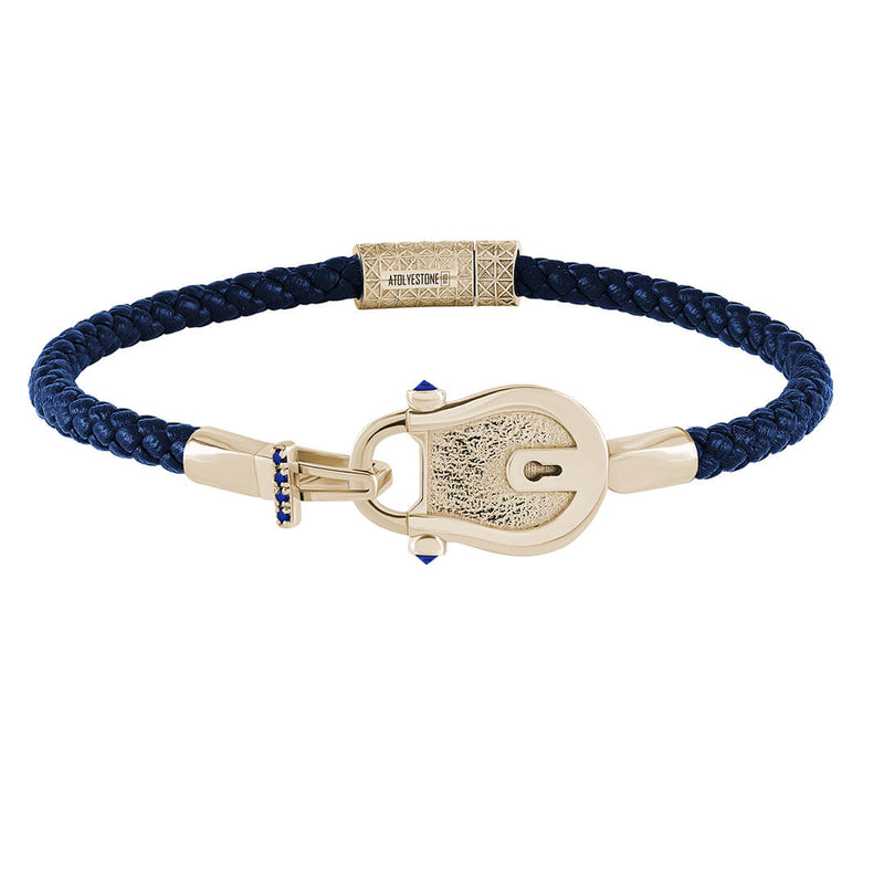 Lock Leather Bracelet in 925 Solid Silver Paved with Sapphire - Blue Leather Yellow Gold