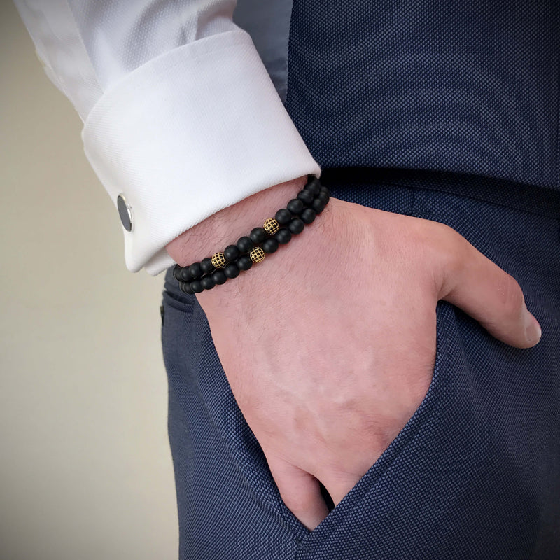 Men's Agate Double Beaded Bracelet Yellow Gold