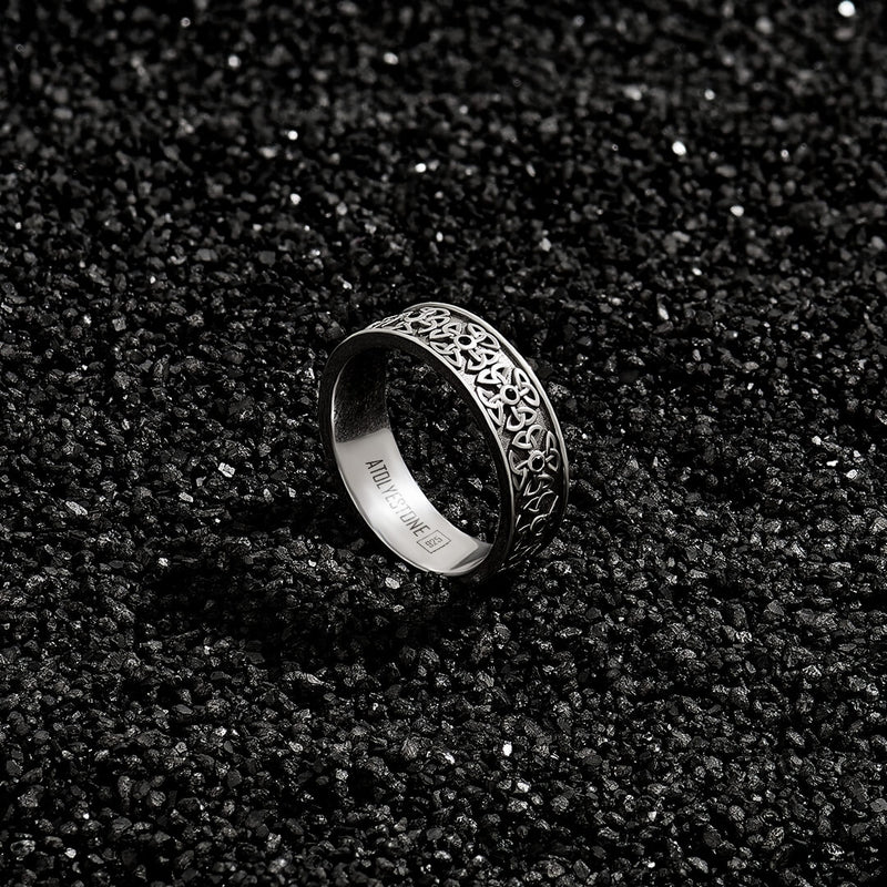 Men's Celtic Band Ring in Silver Paved with Black Diamonds