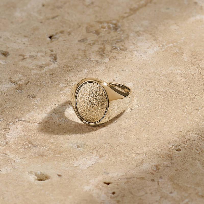 Men's Hammered Oval Signet Ring in Solid Gold