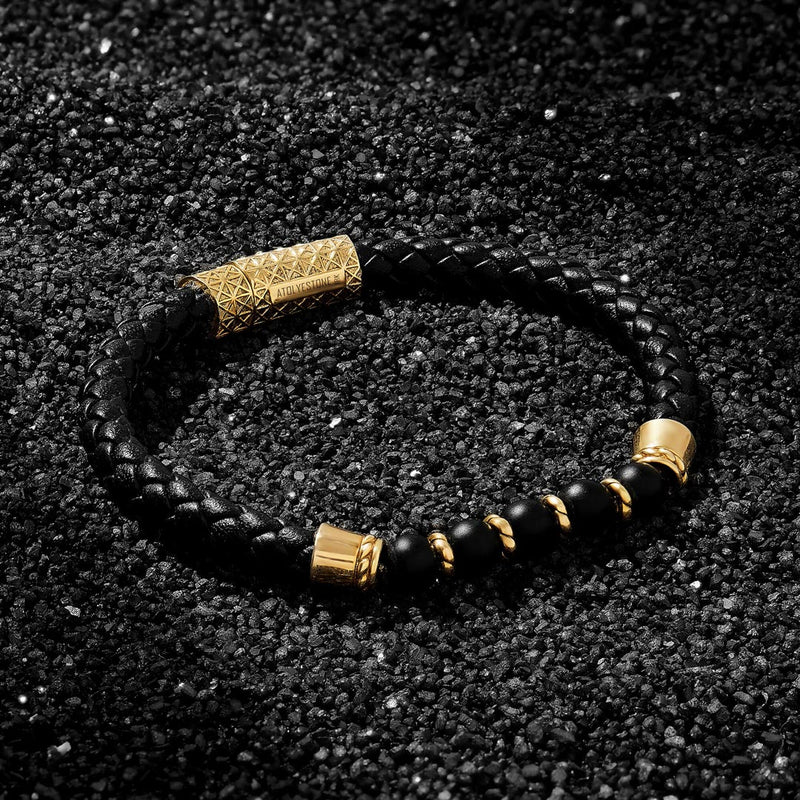 Men's Leather Beaded Bracelet in Solid Gold