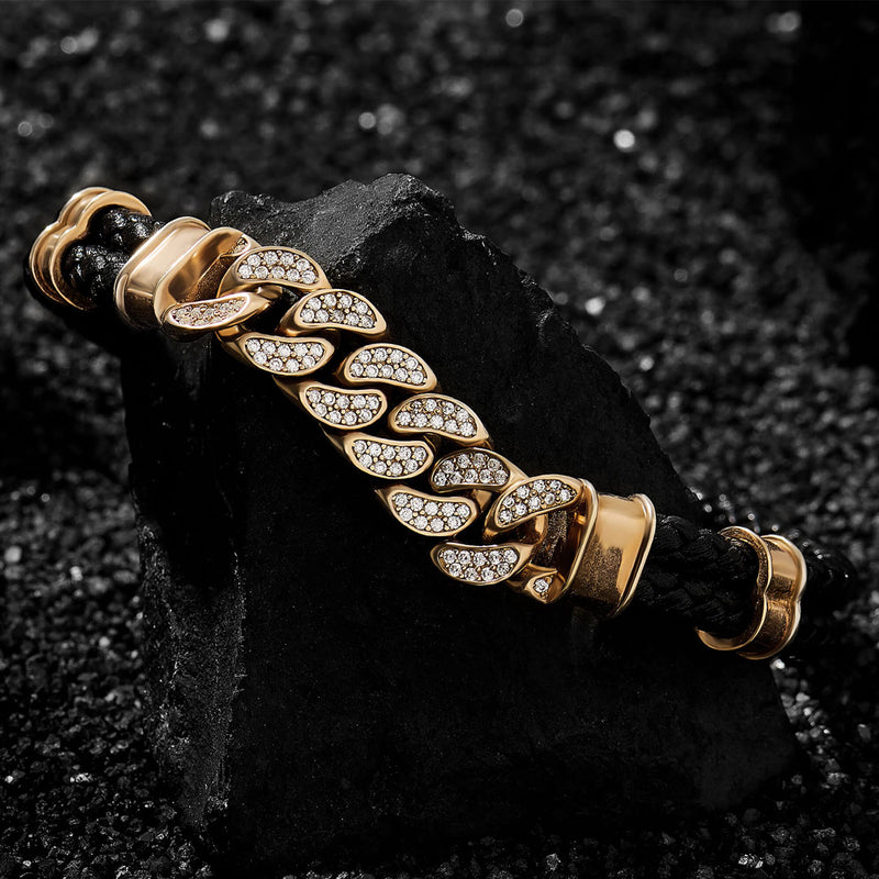 Men's Paved Cuban Links Leather Bracelet in Solid Gold