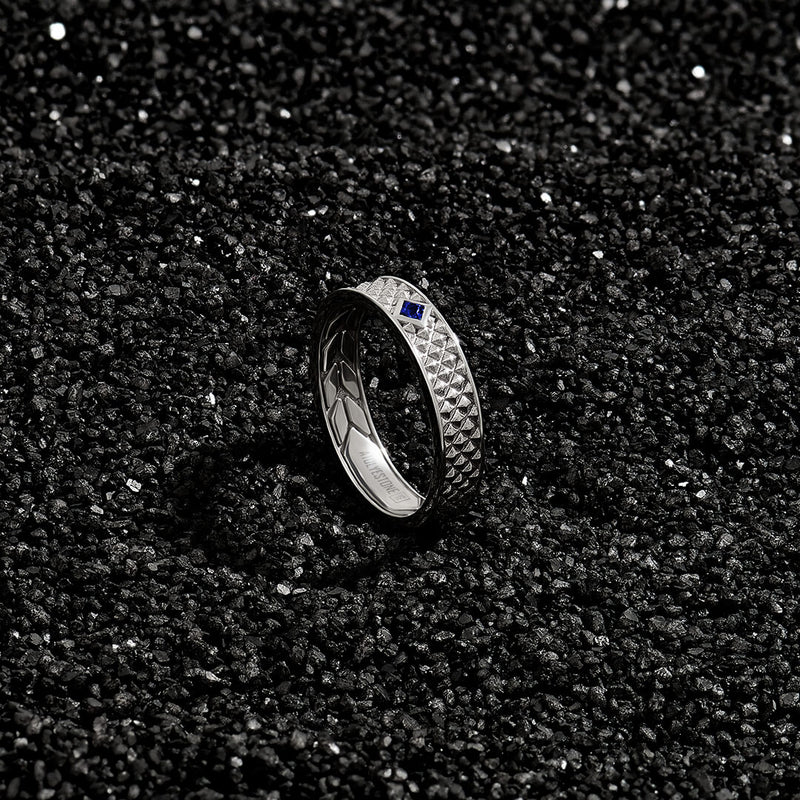 Men's Silver Pyramid Band Ring Paved with Sapphire