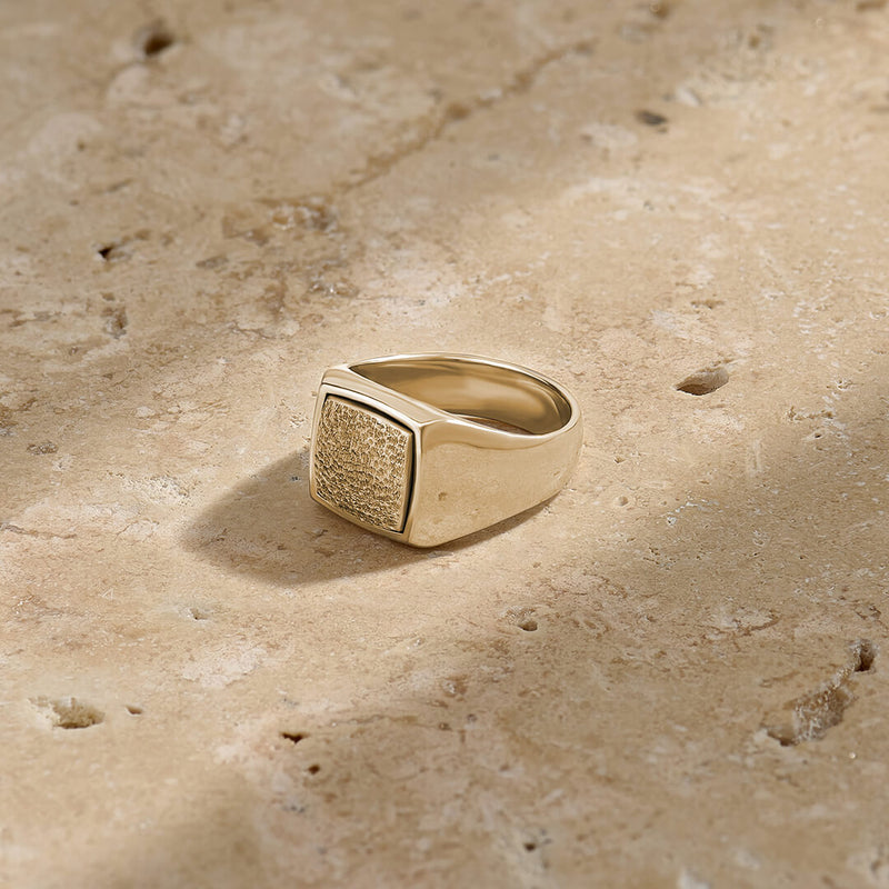 Men's Hammered Square Signet Ring in Solid Gold