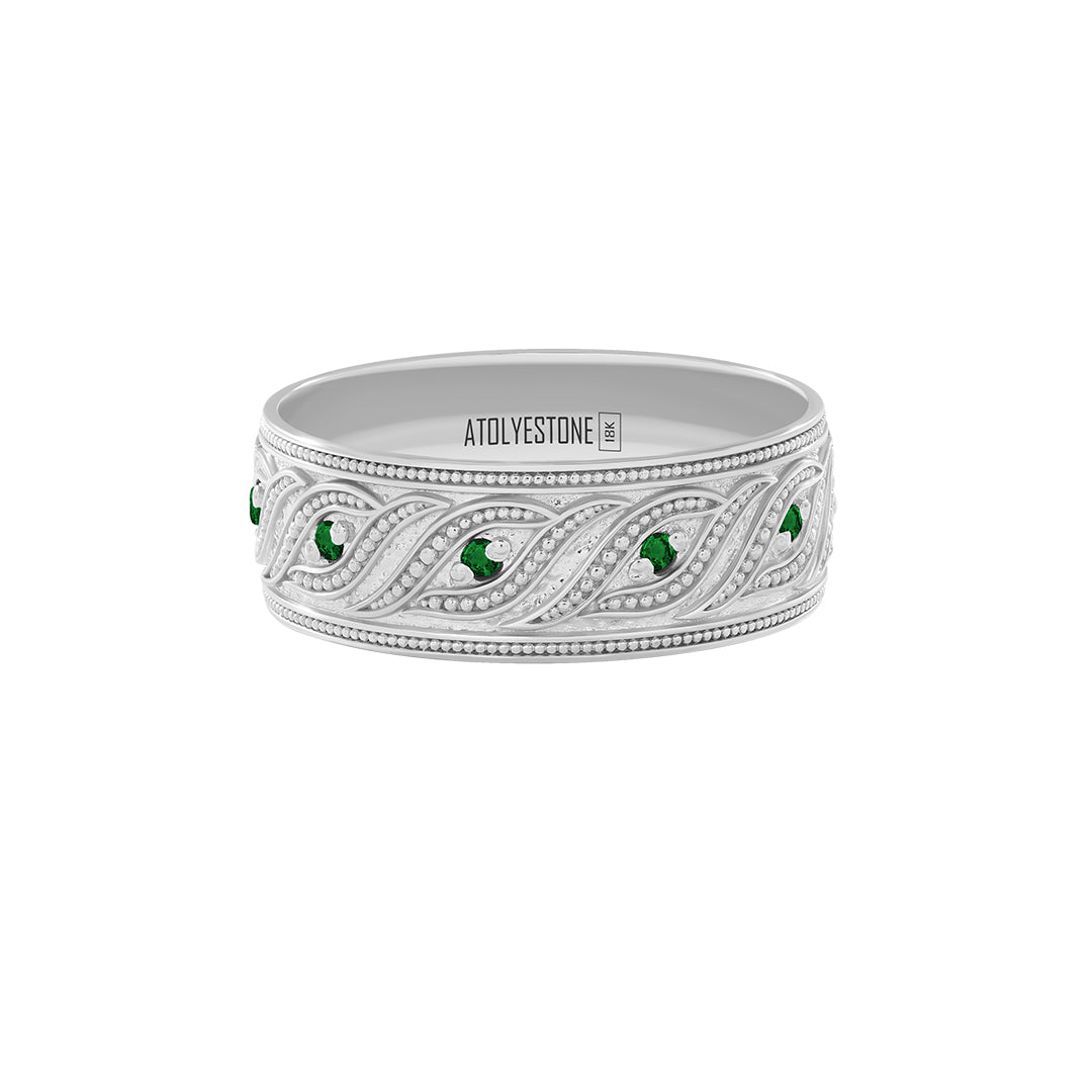 Milgrain Helix Band Ring in Solid White Gold - Pave Emerald