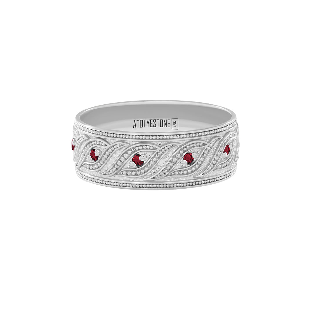 Milgrain Helix Band Ring in Solid White Gold - Pave Ruby