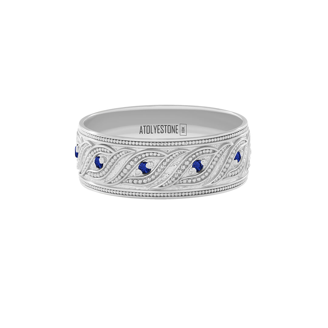Milgrain Helix Band Ring in Solid White Gold - Pave Sapphire