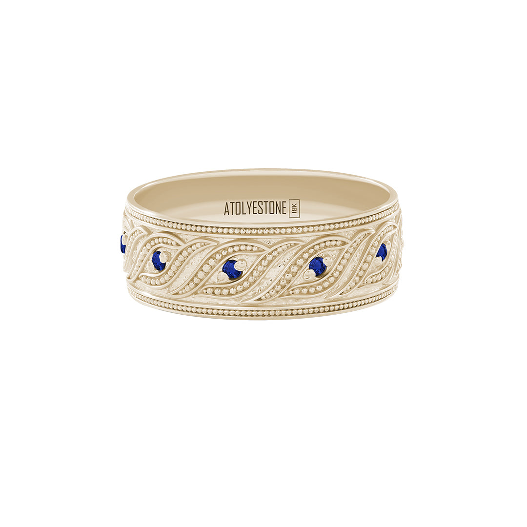 Milgrain Helix Band Ring in Solid Yellow Gold - Pave Sapphire