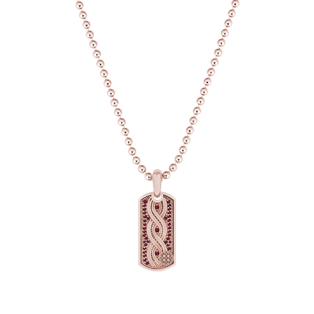 Milgrain Helix Tag Pendant in Solid Rose Gold - Pave Ruby