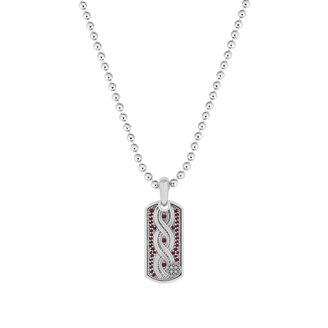 Milgrain Helix Tag Pendant in Solid White Gold - Pave Ruby