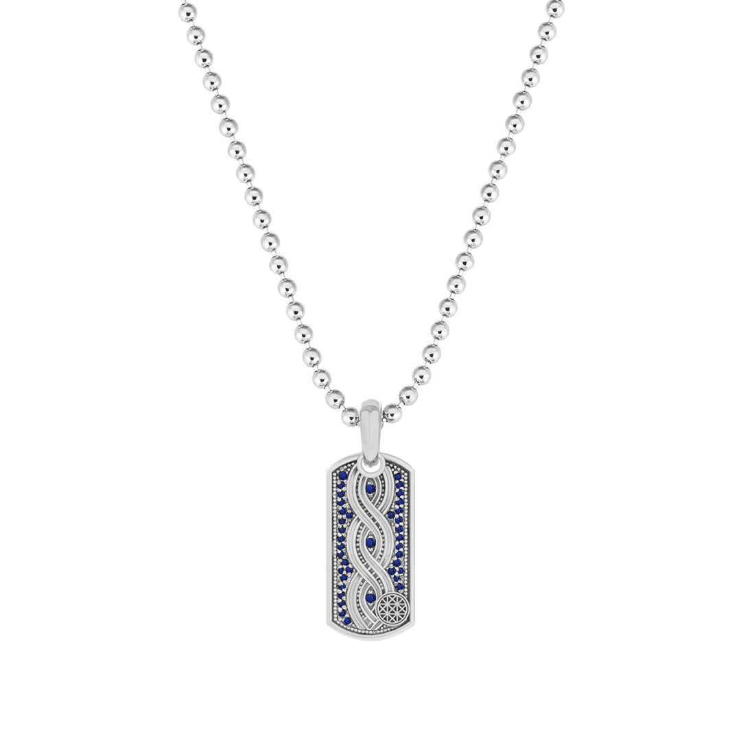 Milgrain Helix Tag Pendant in Solid White Gold - Pave Sapphire