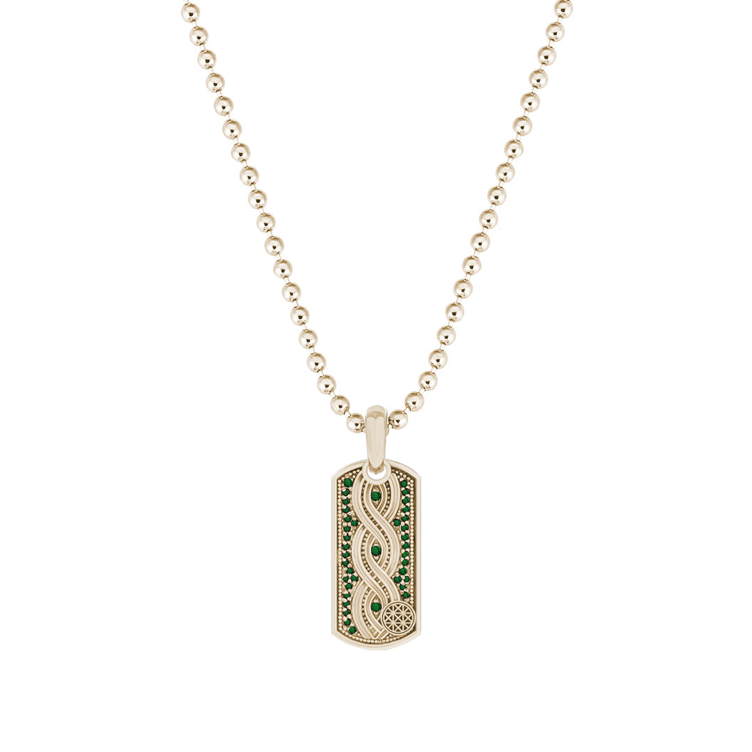 Milgrain Helix Tag Pendant in Solid Yellow Gold - Pave Emerald