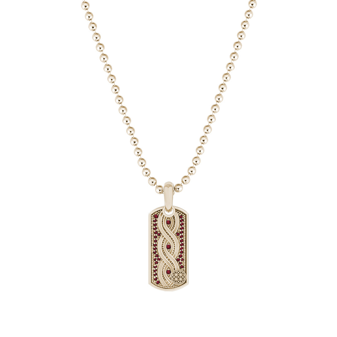 Milgrain Helix Tag Pendant in Solid Yellow Gold - Pave Ruby