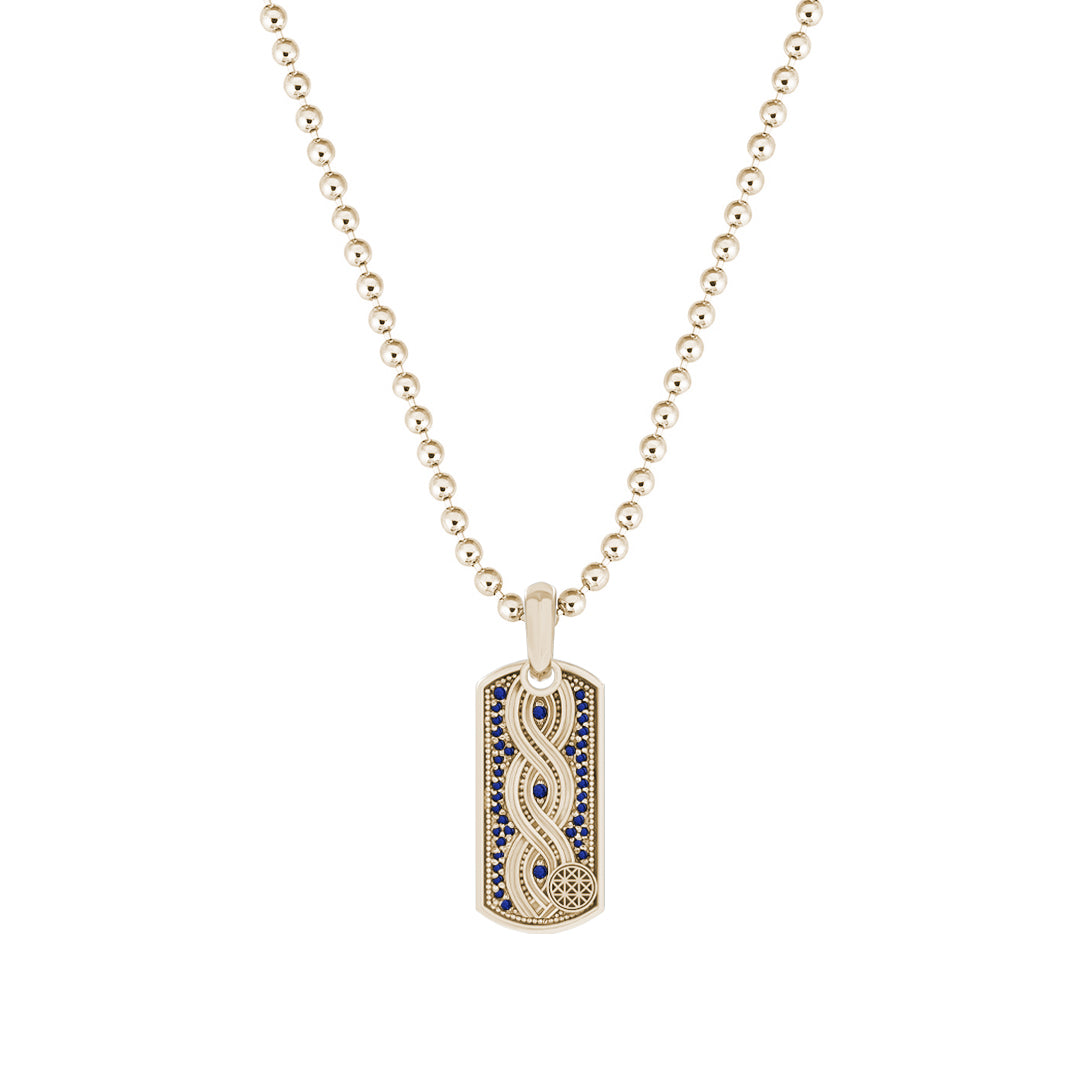 Milgrain Helix Tag Pendant in Solid Yellow Gold - Pave Sapphire