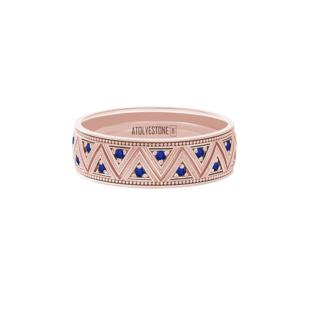 Milgrain Zigzag Ring in Solid Rose Gold - Pave Sapphire